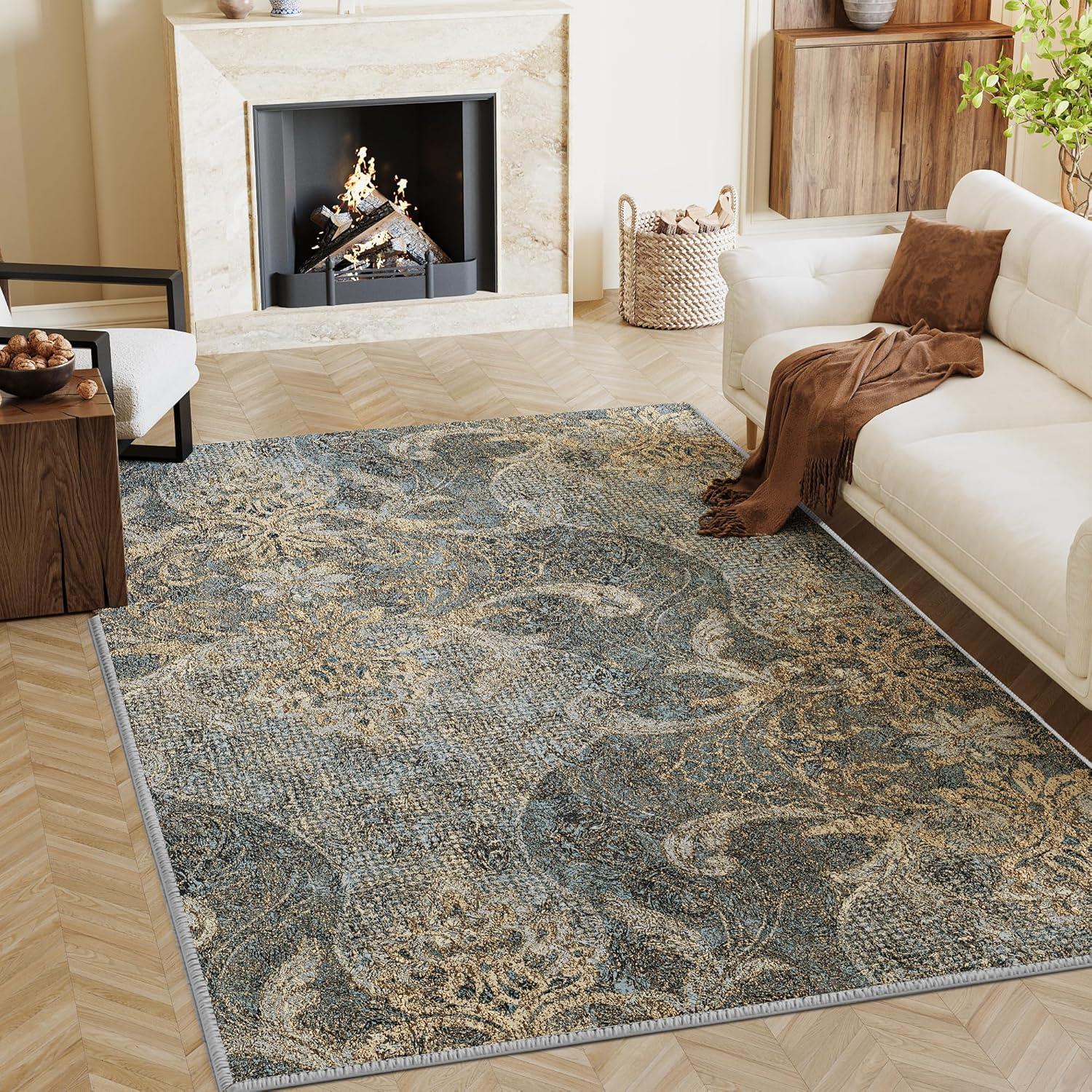 imageHVERSAILTEX Area Rug 5 x 7 Washable Soft Rugs for Bedroom Living Room Non Slip Non Shedding Printed Accent Indoor Floor Carpet Perfect for Vintage and MidCentury Inspired Homes Black MedallionDamaskdeep