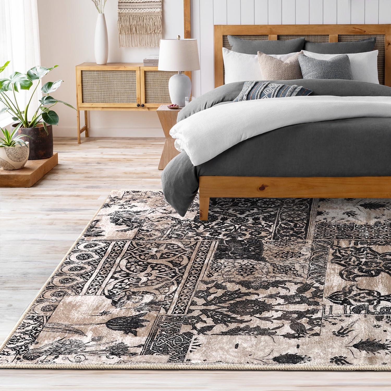 imageHVERSAILTEX Area Rug 5 x 7 Washable Soft Rugs for Bedroom Living Room Non Slip Non Shedding Printed Accent Indoor Floor Carpet Perfect for Vintage and MidCentury Inspired Homes Black MedallionPrestige