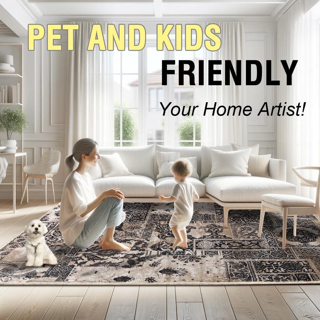 imageHVERSAILTEX Area Rug 5 x 7 Washable Soft Rugs for Bedroom Living Room Non Slip Non Shedding Printed Accent Indoor Floor Carpet Perfect for Vintage and MidCentury Inspired Homes Black MedallionPrestige