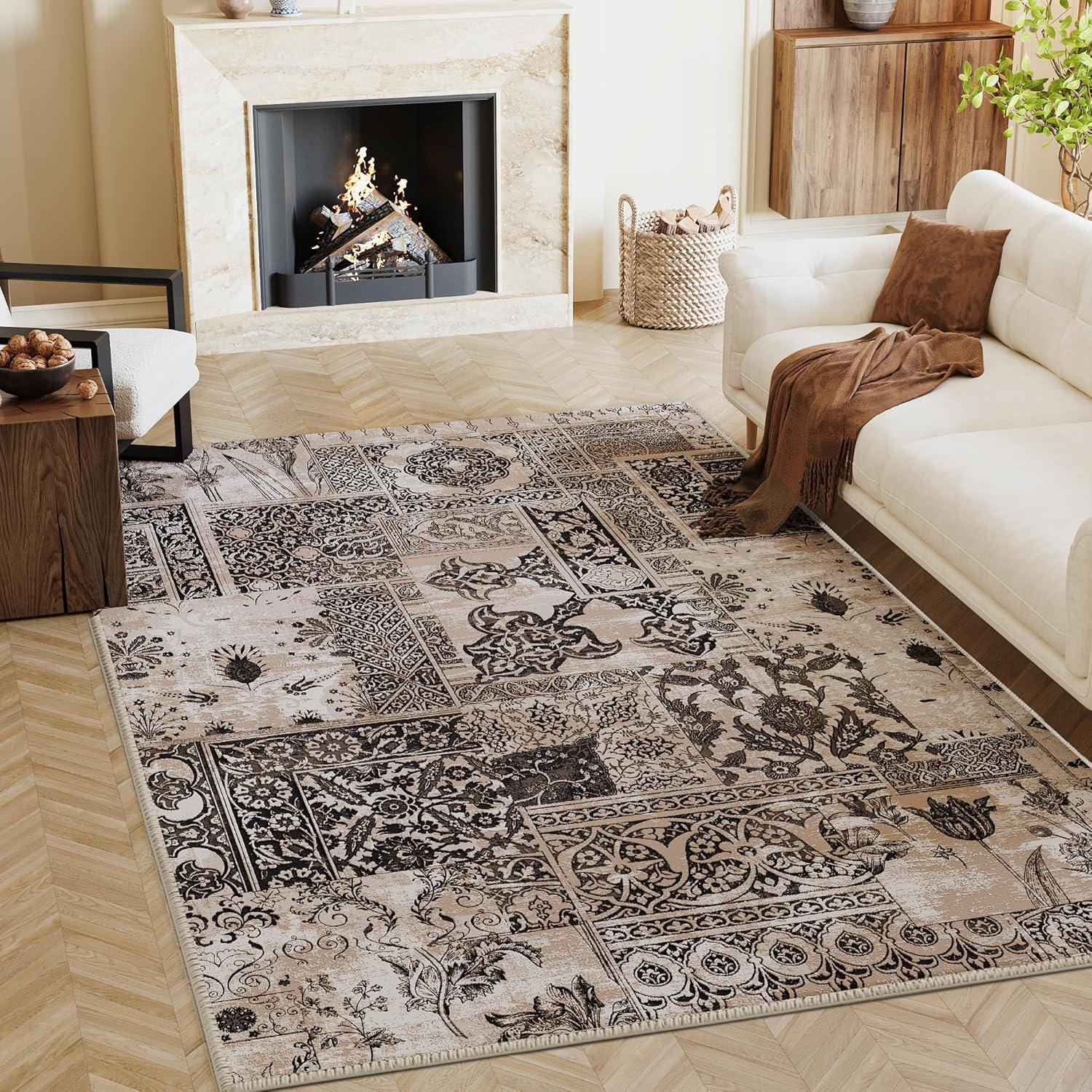 imageHVERSAILTEX Area Rug 5 x 7 Washable Soft Rugs for Bedroom Living Room Non Slip Non Shedding Printed Accent Indoor Floor Carpet Perfect for Vintage and MidCentury Inspired Homes Black MedallionPrestige