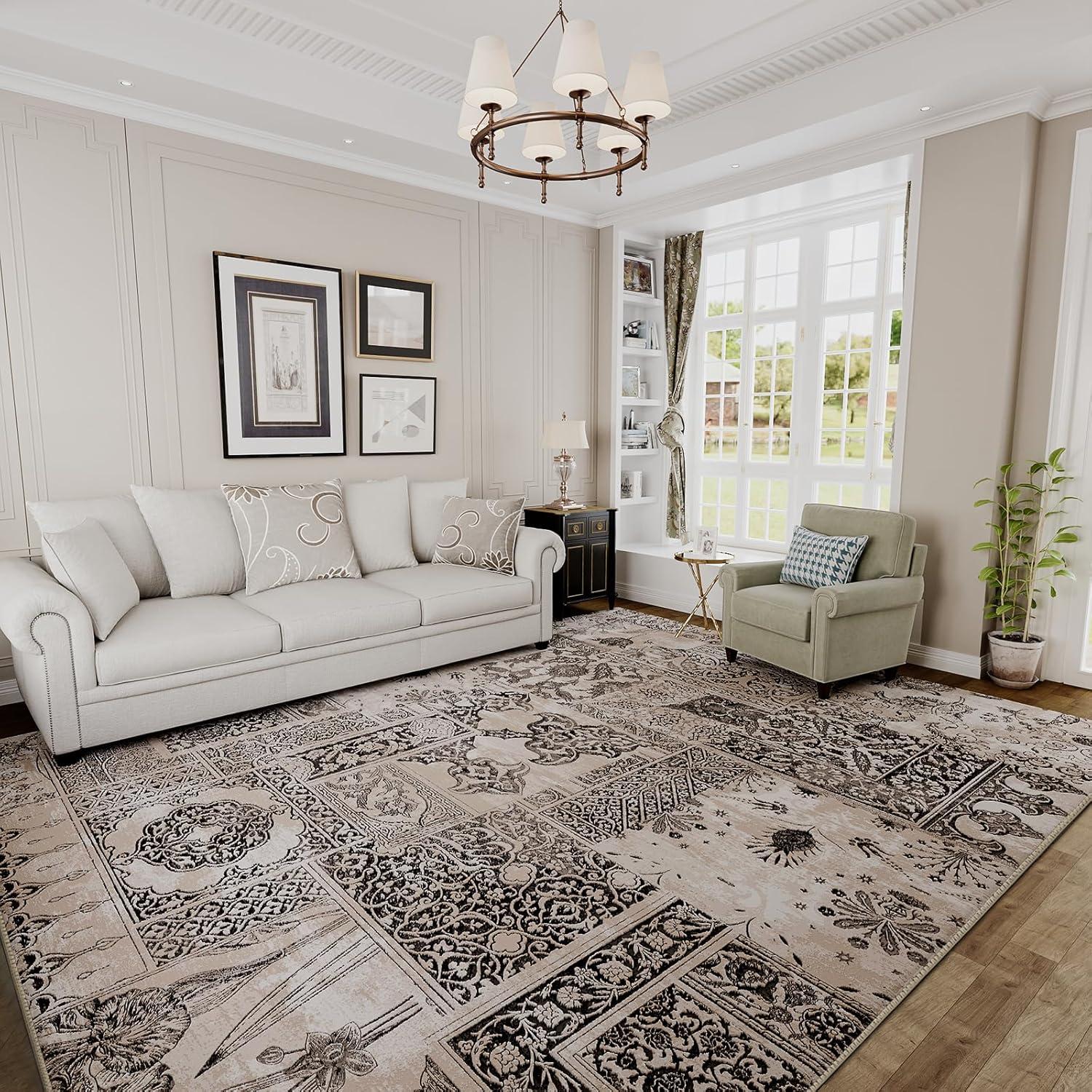 imageHVERSAILTEX Area Rug 5 x 7 Washable Soft Rugs for Bedroom Living Room Non Slip Non Shedding Printed Accent Indoor Floor Carpet Perfect for Vintage and MidCentury Inspired Homes Black MedallionPrestige