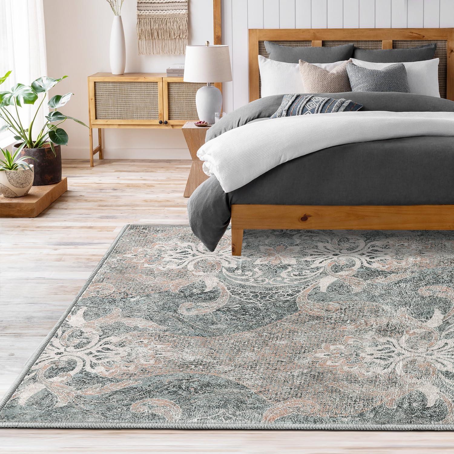 imageHVERSAILTEX Area Rug 5 x 7 Washable Soft Rugs for Bedroom Living Room Non Slip Non Shedding Printed Accent Indoor Floor Carpet Perfect for Vintage and MidCentury Inspired Homes Black MedallionDamask