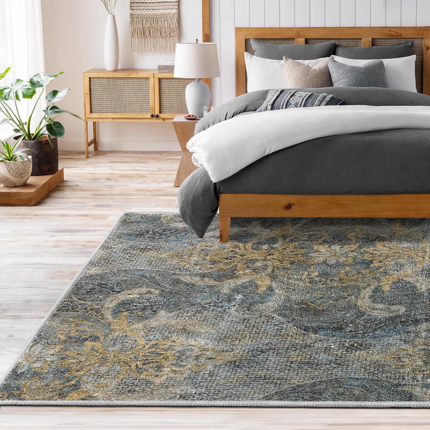 imageHVERSAILTEX Area Rug 5 x 7 Washable Soft Rugs for Bedroom Living Room Non Slip Non Shedding Printed Accent Indoor Floor Carpet Perfect for Vintage and MidCentury Inspired Homes Black MedallionDamaskdeep