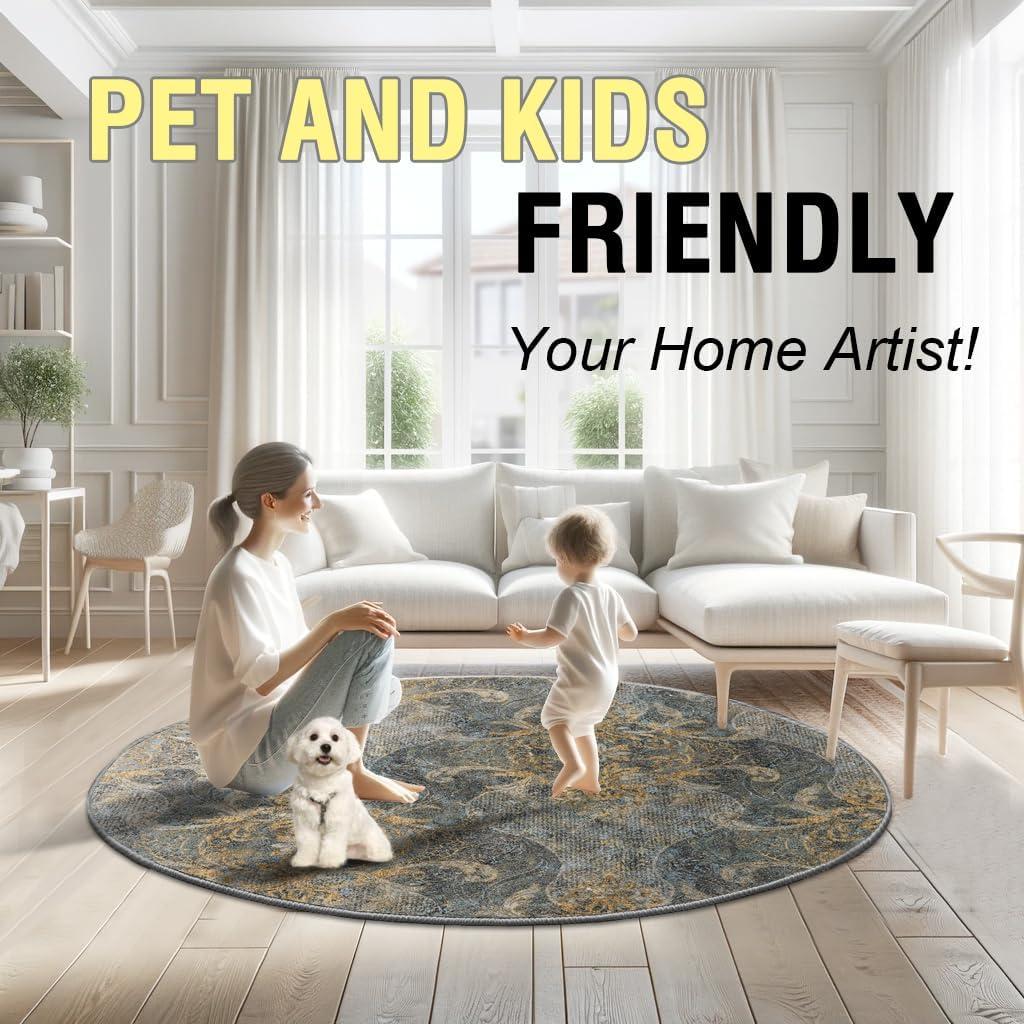 imageHVERSAILTEX Area Rug 5 x 7 Washable Soft Rugs for Bedroom Living Room Non Slip Non Shedding Printed Accent Indoor Floor Carpet Perfect for Vintage and MidCentury Inspired Homes Black MedallionDamaskdeep