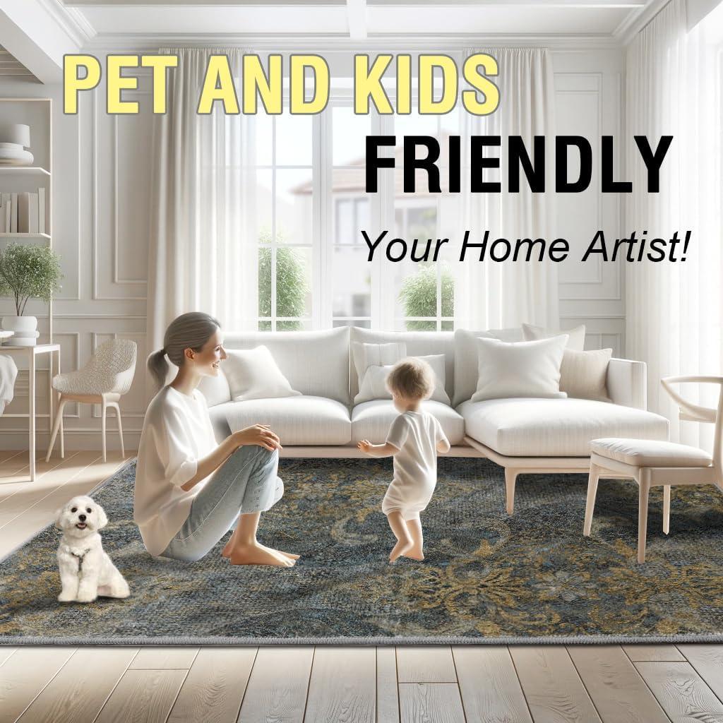 imageHVERSAILTEX Area Rug 5 x 7 Washable Soft Rugs for Bedroom Living Room Non Slip Non Shedding Printed Accent Indoor Floor Carpet Perfect for Vintage and MidCentury Inspired Homes Black MedallionDamaskdeep
