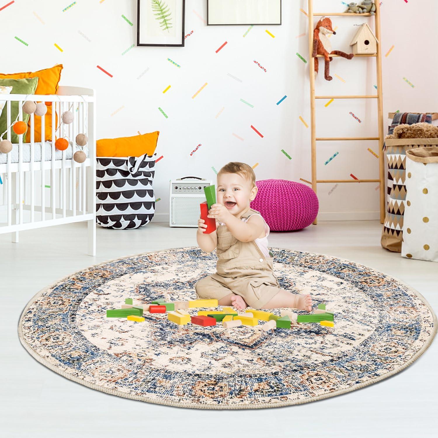 imageHVERSAILTEX Area Rug 5 x 7 Washable Soft Rugs for Bedroom Living Room Non Slip Non Shedding Printed Accent Indoor Floor Carpet Perfect for Vintage and MidCentury Inspired Homes Black MedallionOriental Blue