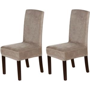 imageHVERSAILTEX Velvet Dining Chair Covers Stretch Chair Covers for Dining Room Set of 2 Parson Chair Slipcovers Chair Protectors Covers Dining Soft Thick Solid Velvet Fabric Washable BlackTaupe