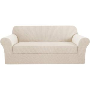 imageHVERSAILTEX 2 Piece Stretch Jacquard Wingback Chair Covers Slipcovers Wing Chair Covers Base Cover Plus Seat Cushion Cover Furniture Covers for Wingback Chairs Form Fitted Thick Soft ChocolateIvory