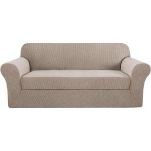 imageHVERSAILTEX 2 Piece Stretch Jacquard Wingback Chair Covers Slipcovers Wing Chair Covers Base Cover Plus Seat Cushion Cover Furniture Covers for Wingback Chairs Form Fitted Thick Soft ChocolateSand