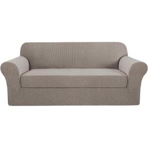 imageHVERSAILTEX 2 Piece Stretch Jacquard Wingback Chair Covers Slipcovers Wing Chair Covers Base Cover Plus Seat Cushion Cover Furniture Covers for Wingback Chairs Form Fitted Thick Soft ChocolateTaupe