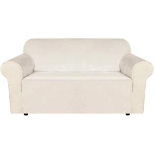 imageHVERSAILTEX Wingback Chair Covers Velvet Plush Wing Chair Slipcover 1 Piece High Stretch Wing Back Chair Slipcovers Sofa Cover Furniture Cover with Elastic Bottom CamelIvory