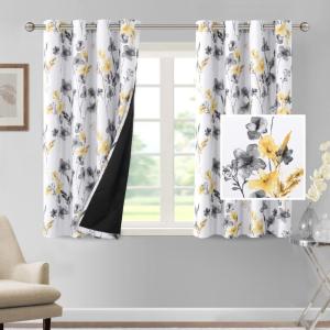 imageHVERSAILTEX 100 Blackout Curtains 84 inch Length 2 Panels Set Cattleya Floral Printed Drapes Leah Floral Thermal Curtains for Bedroom with Black Liner Sound Proof Curtains Grey and TaupeCattleya  GreyYellow