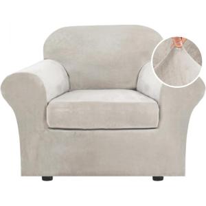 imageHVERSAILTEX Real Velvet Plush 3 Piece Stretch Sofa Covers Couch Covers for 2 Cushion Couch Loveseat Covers Width Up to 72 Inch Feature Thick Soft Stay in Place Medium Sofa GreyOatmeal