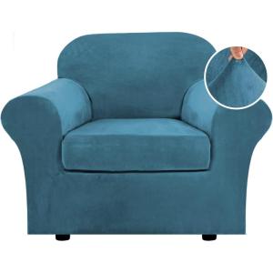 imageHVERSAILTEX Real Velvet Plush 3 Piece Stretch Sofa Covers Couch Covers for 2 Cushion Couch Loveseat Covers Width Up to 72 Inch Feature Thick Soft Stay in Place Medium Sofa GreyPeacock Blue