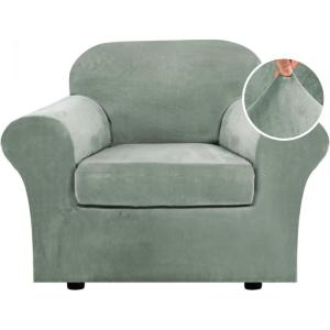 imageHVERSAILTEX Real Velvet Plush 3 Piece Stretch Sofa Covers Couch Covers for 2 Cushion Couch Loveseat Covers Width Up to 72 Inch Feature Thick Soft Stay in Place Medium Sofa GreySea Grass