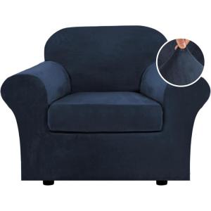 imageHVERSAILTEX Real Velvet Plush 3 Piece Stretch Sofa Covers Couch Covers for 2 Cushion Couch Loveseat Covers Width Up to 72 Inch Feature Thick Soft Stay in Place Medium Sofa GreyNavy