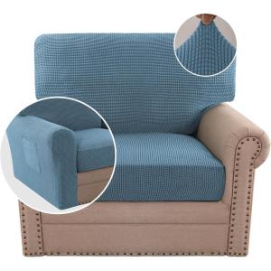 imageHVERSAILTEX MultiPieces Sofa Covers Stretch Couch Covers Form Fitted Seats and Back Cushions Covers 3 Seat Covers Plus 3 Back Cusion Covers Bonus 2 Armrest Covers GreyDusty Blue