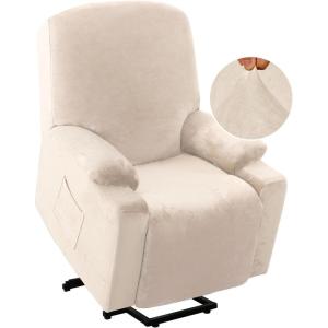 imageHVERSAILTEX Rich Velvet Stretch Recliner Slipcovers 1 Piece Electric Power Lift Recliner Chair Cover Fitted Standard Large Power Lift Recliner with Side Pocket Soft and Thick Single Seat GreyIvory