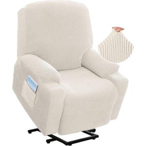 imageHVERSAILTEX Stretch Couch Cover Recliner Cover Electric Power Lift Recliner Chair Cover Fitted Standard Large Power Lift Recliner with Side Pocket Soft Thick JacquardSingle Seat GreyIvory