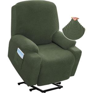 imageHVERSAILTEX Stretch Couch Cover Recliner Cover Electric Power Lift Recliner Chair Cover Fitted Standard Large Power Lift Recliner with Side Pocket Soft Thick JacquardSingle Seat GreyBronze Green