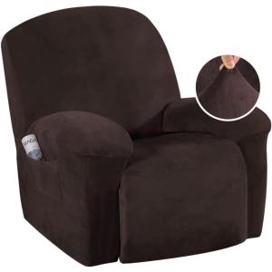 imageHVERSAILTEX Velvet Plush Recliner Chair Covers 1Piece for Reclining Chair Recliner Cover Feature Thick Luxury and Soft Fabric with Elastic Bottom AntiSlip Foams Attached GreyBrown
