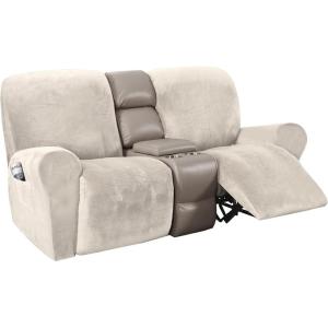 imageHVERSAILTEX Velvet Stretch Recliner Couch Covers 6Pieces Recliner Loveseat Covers for 2 Cushion Couch Recliner Sofa Covers Reclining Slipcovers Form Fitted Thick Soft Washable GreyIvory