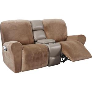 imageHVERSAILTEX Velvet Stretch Recliner Couch Covers 6Pieces Recliner Loveseat Covers for 2 Cushion Couch Recliner Sofa Covers Reclining Slipcovers Form Fitted Thick Soft Washable GreyCamel