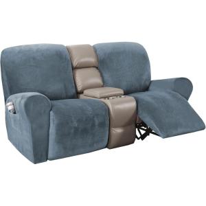imageHVERSAILTEX Velvet Stretch Recliner Couch Covers 6Pieces Recliner Loveseat Covers for 2 Cushion Couch Recliner Sofa Covers Reclining Slipcovers Form Fitted Thick Soft Washable GreyStone Blue