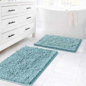imageHVERSAILTEX Extra Thick Chenille Plush Pattern Bath Rugs for Bathroom Non Slip  Soft Plush Shaggy Bath Mats for Bathroom Floor Indoor Mats Rugs for Entryway Dark Grey 32 x 20 Plus 24 x 17 InchesAqua Haze