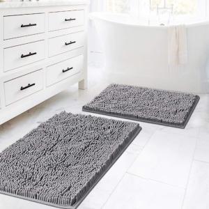 imageHVERSAILTEX Extra Thick Chenille Plush Pattern Bath Rugs for Bathroom Non Slip  Soft Plush Shaggy Bath Mats for Bathroom Floor Indoor Mats Rugs for Entryway Dark Grey 32 x 20 Plus 24 x 17 InchesGrey
