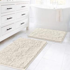 imageHVERSAILTEX Extra Thick Chenille Plush Pattern Bath Rugs for Bathroom Non Slip  Soft Plush Shaggy Bath Mats for Bathroom Floor Indoor Mats Rugs for Entryway Dark Grey 32 x 20 Plus 24 x 17 InchesIvory