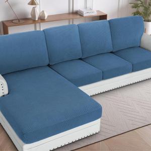 imageHVERSAILTEX Sectional Couch Covers 1 Piece Chaise Slipcover L Shape Separate Cushion Couch Cover for Both LeftRight Sectional Couch Seat Only 1 Chaises IvoryDusty Blue