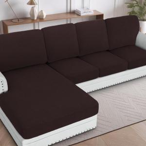 imageHVERSAILTEX Sectional Couch Covers 1 Piece Chaise Slipcover L Shape Separate Cushion Couch Cover for Both LeftRight Sectional Couch Seat Only 1 Chaises IvoryChocolate