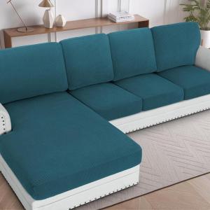 imageHVERSAILTEX Sectional Couch Covers 1 Piece Chaise Slipcover L Shape Separate Cushion Couch Cover for Both LeftRight Sectional Couch Seat Only 1 Chaises IvoryDeep Teal