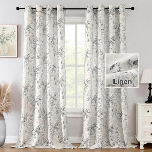 imageHVERSAILTEX Boho Floral Linen Curtains 84 inch Length 2 Panels Set Privacy Semi Sheer Light Filtering Curtains Grommet Farmhouse Vintage Curtain Print Pattern Drapes for Living Room GreenGrey