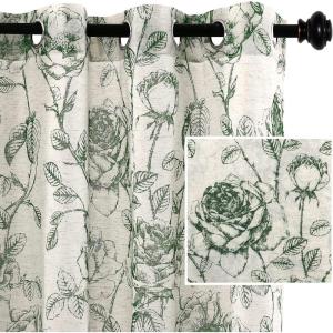 imageHVERSAILTEX Boho Floral Linen Curtains Semi Sheer Light Filtering Curtains Drapes 84 Inch Length 2 Panels Set Grommet Top Farmhouse Vintage Curtain Print Pattern Treatments for Bedroom BlackHunter Green