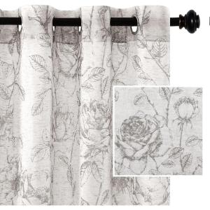 imageHVERSAILTEX Boho Floral Linen Curtains Semi Sheer Light Filtering Curtains Drapes 84 Inch Length 2 Panels Set Grommet Top Farmhouse Vintage Curtain Print Pattern Treatments for Bedroom BlackGrey