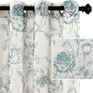 imageHVERSAILTEX Boho Floral Linen Curtains Semi Sheer Light Filtering Curtains Drapes 84 Inch Length 2 Panels Set Grommet Top Farmhouse Vintage Curtain Print Pattern Treatments for Bedroom BlackStone Blue