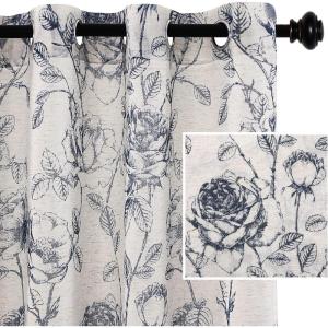 imageHVERSAILTEX Boho Floral Linen Curtains Semi Sheer Light Filtering Curtains Drapes 84 Inch Length 2 Panels Set Grommet Top Farmhouse Vintage Curtain Print Pattern Treatments for Bedroom BlackNavy
