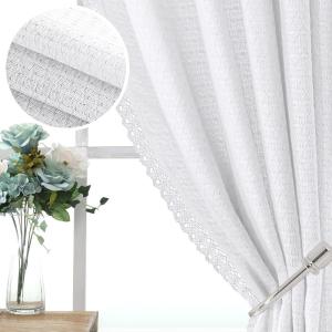 imageHVERSAILTEX Linen Farmhouse Curtains for Living Room Bedroom 84 Inches Long Birch Off White Neutral Boho Curtain Light Filtering Back Tab Curtains Drapes 2 Panels Set Border with TrimmingsWhite Border With Trimmings