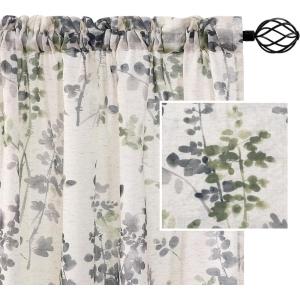 imageHVERSAILTEX Linen Sheer Curtains for Living Room Curtains 63 Inches Long Light Filtering Rod Pocket Window Sheer Linen Curtains for Bedroom 2 Panels Classical Floral Printing Bluestone and TaupeSageTaupe