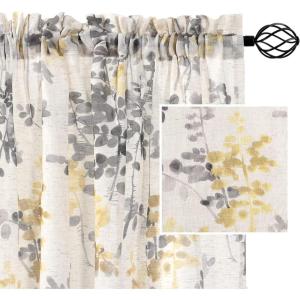 imageHVERSAILTEX Linen Sheer Curtains for Living Room Curtains 63 Inches Long Light Filtering Rod Pocket Window Sheer Linen Curtains for Bedroom 2 Panels Classical Floral Printing Bluestone and TaupeYellowTaupe