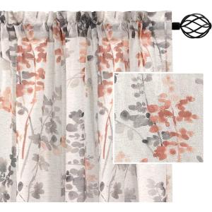 imageHVERSAILTEX Linen Sheer Curtains for Living Room Curtains 63 Inches Long Light Filtering Rod Pocket Window Sheer Linen Curtains for Bedroom 2 Panels Classical Floral Printing Bluestone and TaupeCoralTaupe