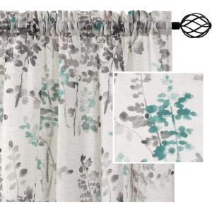 imageHVERSAILTEX Linen Sheer Curtains for Living Room Curtains 63 Inches Long Light Filtering Rod Pocket Window Sheer Linen Curtains for Bedroom 2 Panels Classical Floral Printing Bluestone and TaupeTurquoiseTaupe