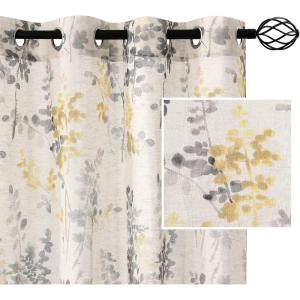 imageHVERSAILTEX Sheer Linen Curtains 84 Inch Long Semi Sheer Curtains Draperies for Living RoomBedroom Vintage Classical Floral Printing Window Treatment Grommet 2 Panels Yellow and TaupeGrommet Top  YellowTaupe