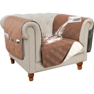 imageHVERSAILTEX 100 Waterproof Couch Cover for 3 Cushion Couch Traditional Chesterfield Sofa Cover for Dogs Furniture Protector Cover with with Extra Long Armrest Cover for Pet CatSofa GreyBeigeTerracottaBeige