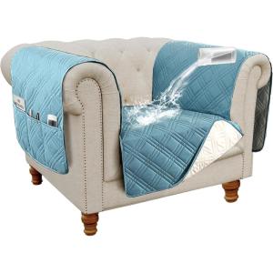 imageHVERSAILTEX 100 Waterproof Couch Cover for 3 Cushion Couch Traditional Chesterfield Sofa Cover for Dogs Furniture Protector Cover with with Extra Long Armrest Cover for Pet CatSofa GreyBeigeSmoke BlueBeige