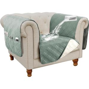 imageHVERSAILTEX 100 Waterproof Couch Cover for 3 Cushion Couch Traditional Chesterfield Sofa Cover for Dogs Furniture Protector Cover with with Extra Long Armrest Cover for Pet CatSofa GreyBeigeLily PadBeige