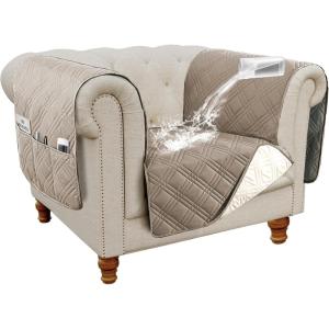 imageHVERSAILTEX 100 Waterproof Couch Cover for 3 Cushion Couch Traditional Chesterfield Sofa Cover for Dogs Furniture Protector Cover with with Extra Long Armrest Cover for Pet CatSofa GreyBeigeTaupeBeige