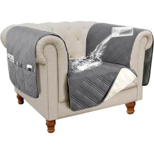 imageHVERSAILTEX 100 Waterproof Couch Cover for 3 Cushion Couch Traditional Chesterfield Sofa Cover for Dogs Furniture Protector Cover with with Extra Long Armrest Cover for Pet CatSofa GreyBeigeGreyBeige